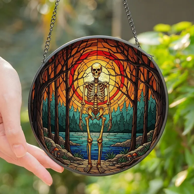 Art Enthusiasts' Vibrant Jewel Tone Stained Glass Skeleton Moonlit Forest Mosaic Stained Glass Suncatcher - aySwo_xu2z