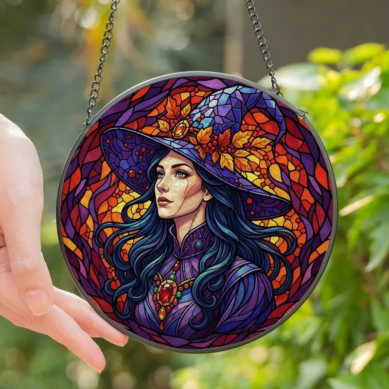 Fantasy Art Lovers' Stained Glass Sorceress Deep Purple Orange Jewel Tone Intricate Autumn Mosaic Stained Glass Suncatcher - 1