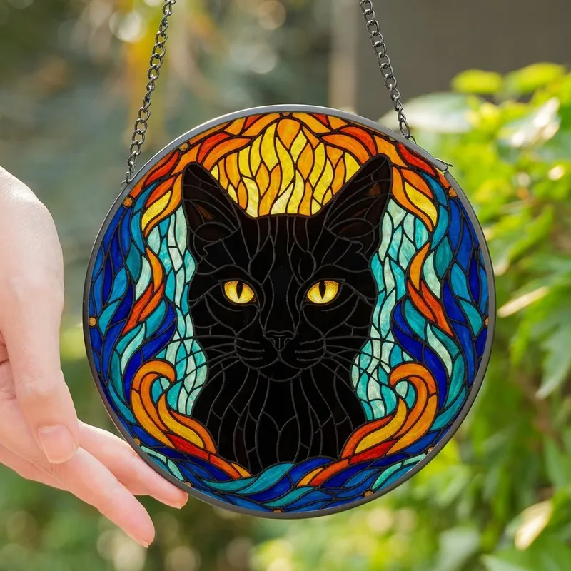 Cat Lovers' Bold Tiffany Black Cat Stained Glass Mosaic Golden Eyes Fiery Orange Blue Teal Swirl Stained Glass Suncatcher - 1