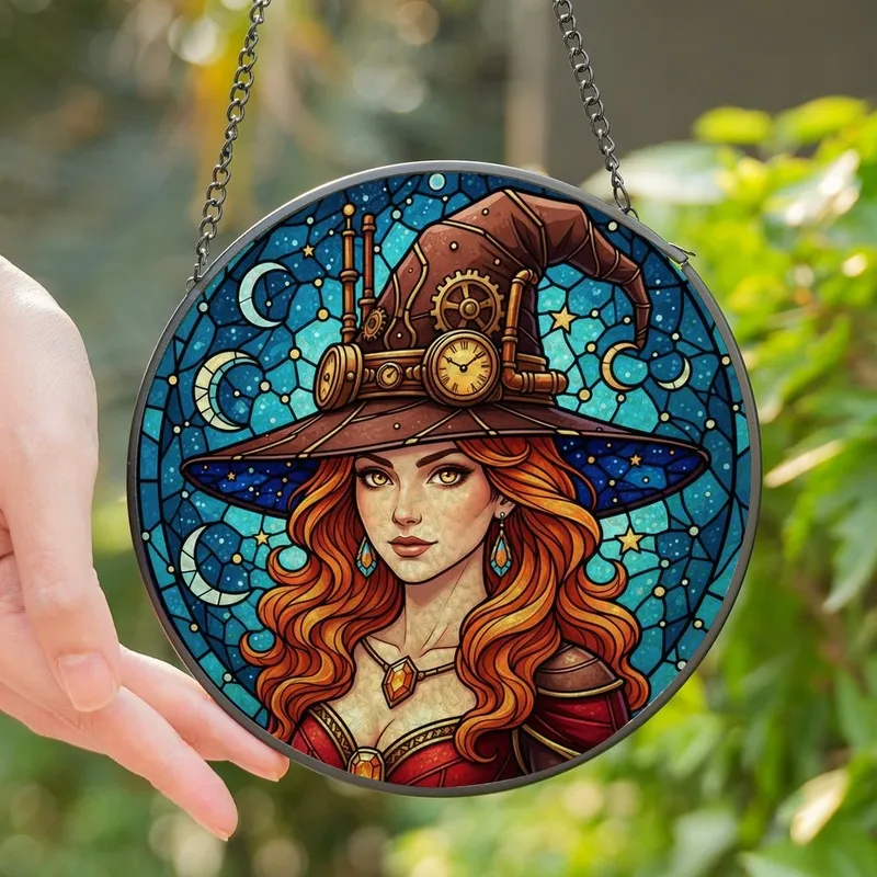 Fantasy Art Admirers' Tiffany Style Stained Glass Witch Portrait Fiery Orange Hair Steampunk Hat Blue Teal Mosaic Stained Glass Suncatcher - 1