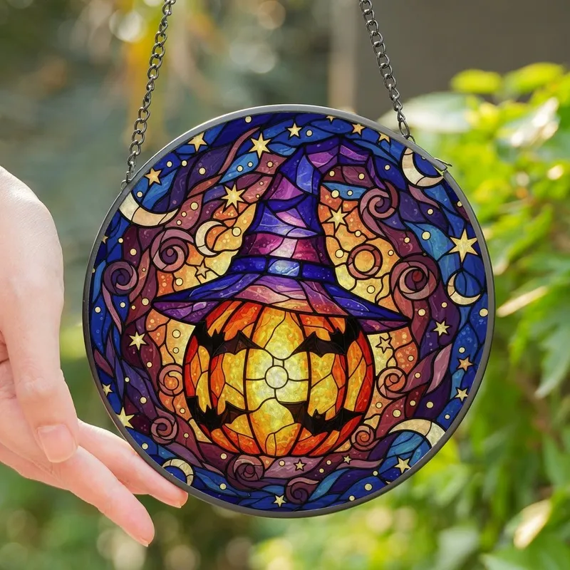 Halloween Enthusiasts' Intricate Tiffany Style Stained Glass Whimsical Witch Hat Pumpkin Lantern, Glowing Jewel Tones & Starry Night Mosaic Stained Glass Suncatcher - 1