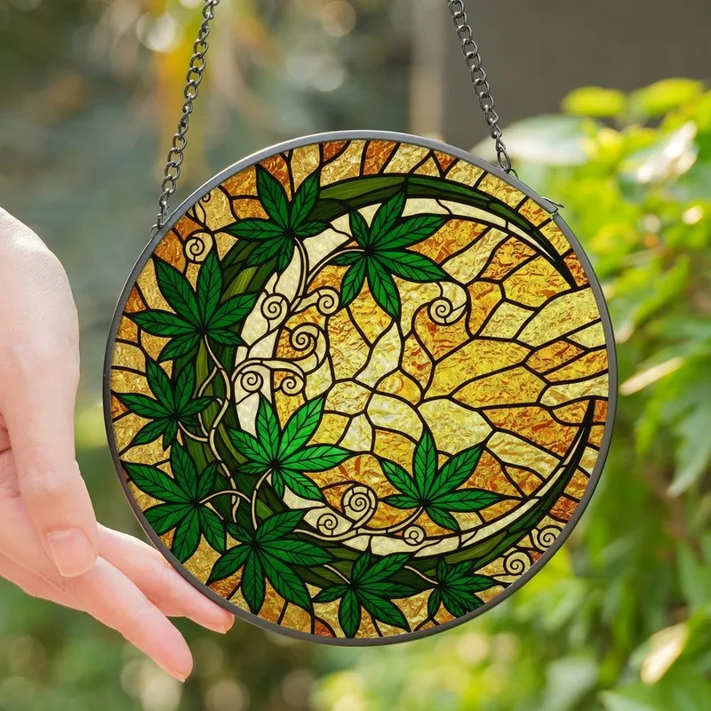 Celestial Art Admirers' Tiffany Stained Glass Crescent Moon & Star-Shaped Botanical Mosaic in Emerald Green Golden Amber Stained Glass Suncatcher - 1