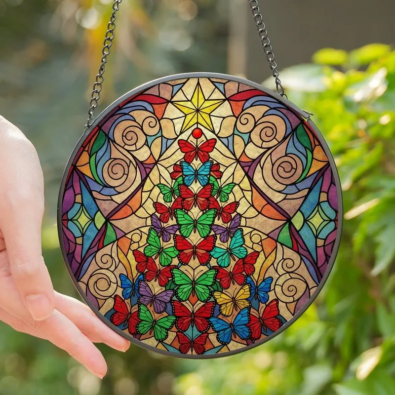 Christmas Lovers' Tiffany Style Stained Glass Butterfly Christmas Tree Intricate Mosaic Jewel Tones Stained Glass Suncatcher - gqLi9bxNTt