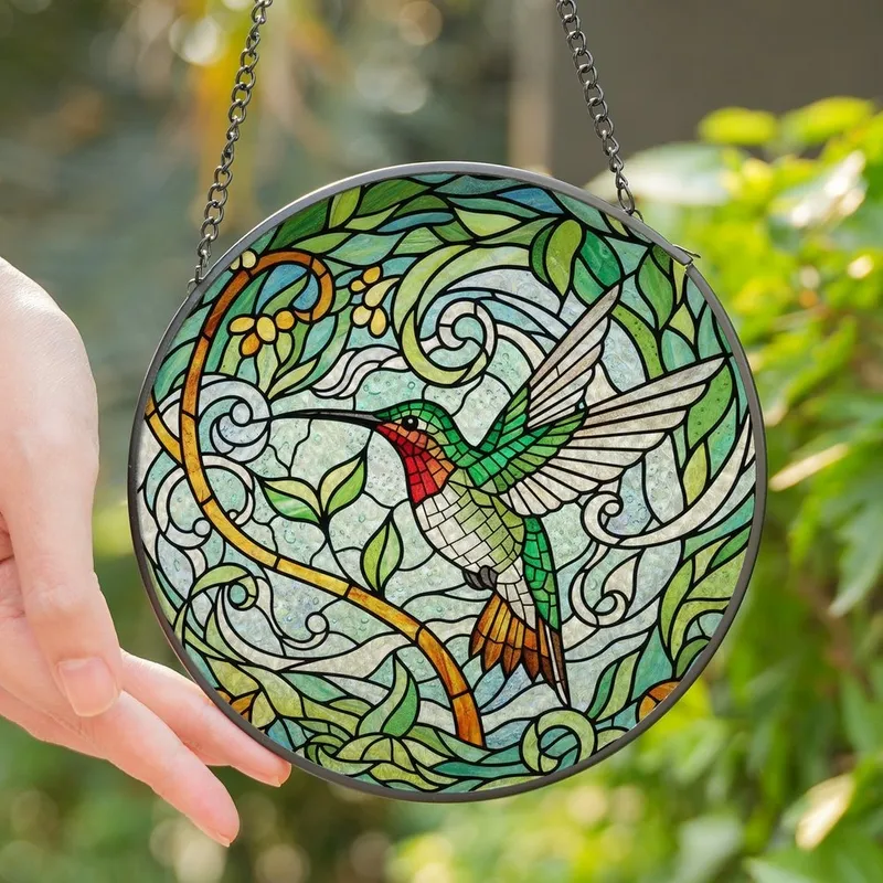 Nature Lovers' Intricate Tiffany Stained Glass Hummingbird Emerald Ruby Amber Botanical Mosaic Stained Glass Suncatcher - 1
