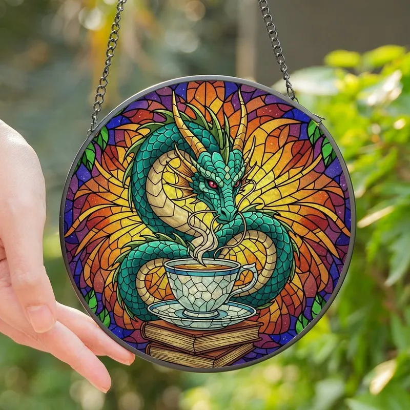 Fantasy Art Enthusiasts' Vibrant Turquoise Dragon Teacup Books Floral Tiffany Stained Glass Mosaic Art Stained Glass Suncatcher - 1