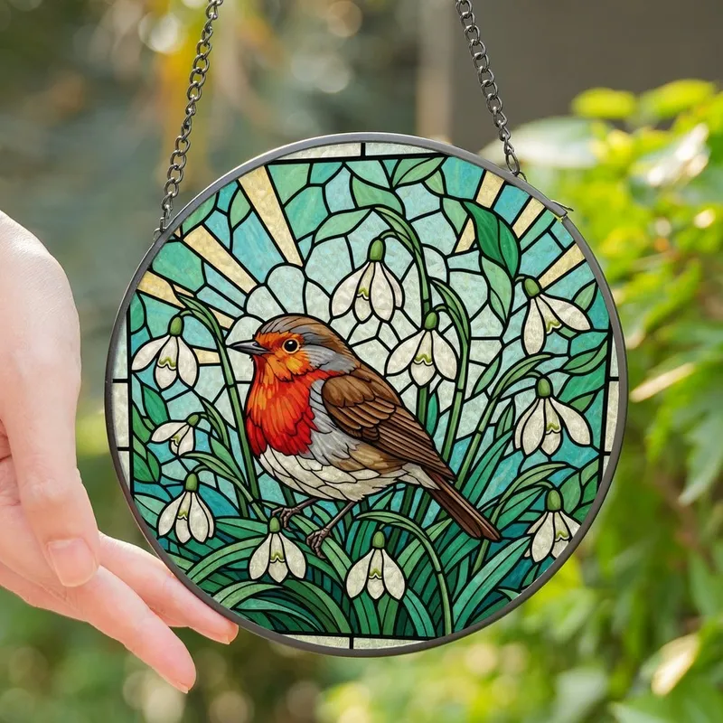Nature Lovers' Tiffany Stained Glass European Robin Snowdrop Floral Mosaic Art Stained Glass Suncatcher - G05lHFeo9H