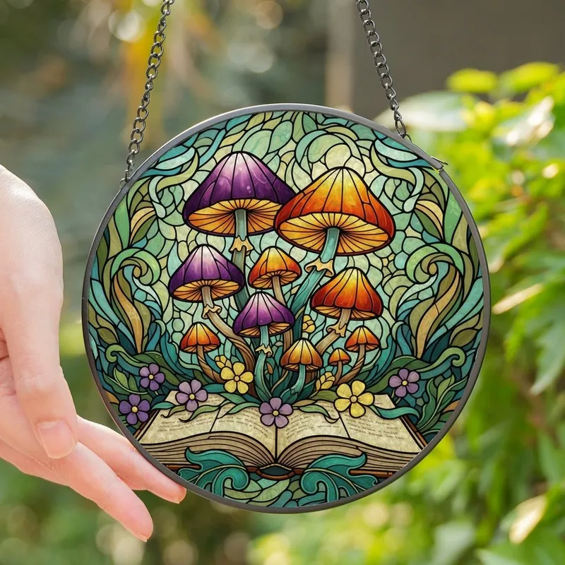 Fantasy Art Lovers' Luminous Tiffany Stained Glass Fantastical Mushroom Storybook Botanical Mosaic Stained Glass Suncatcher - 1