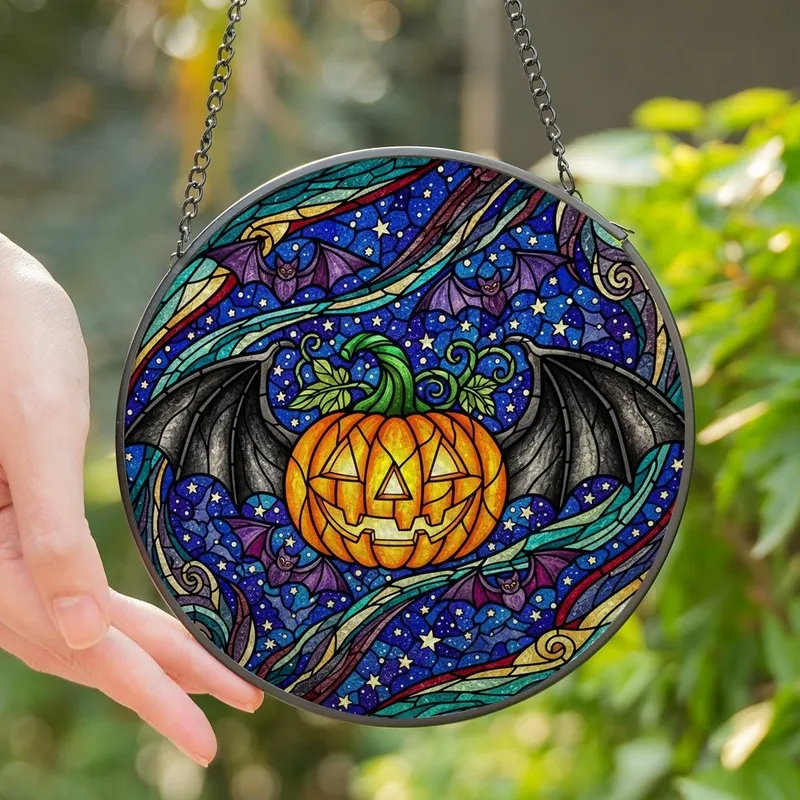 Halloween Fans' Intricate Tiffany Style Stained Glass Jack-o'-Lantern Bat Night Sky Design with Jewel Tones Stained Glass Suncatcher - 1