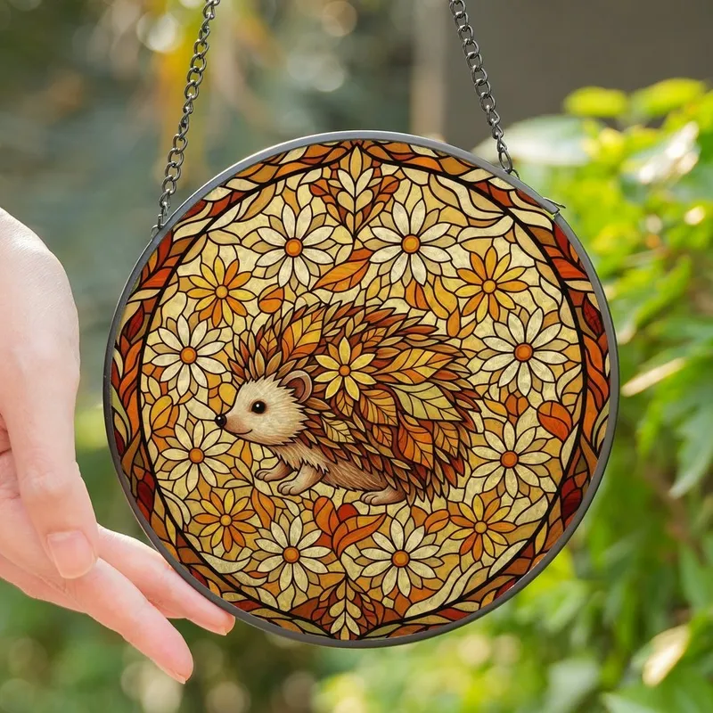 Hedgehog Lovers' Tiffany Style Stained Glass Autumnal Floral Mosaic Jewel Tone Pattern Stained Glass Suncatcher - 1