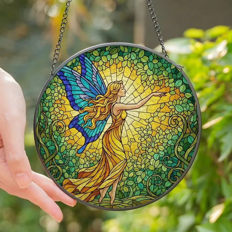 Art Lovers' Tiffany Stained Glass Fairy Dancer, Golden Amber Sapphire Teal Violet Ethereal Forest Design Stained Glass Suncatcher - 1