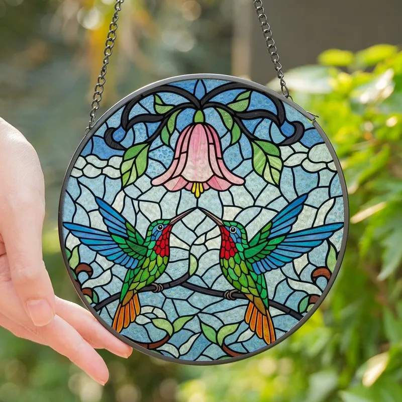 Hummingbird Lovers' Iridescent Green Blue Red Stained Glass Hummingbirds Pink Floral Mosaic Stained Glass Suncatcher - 1