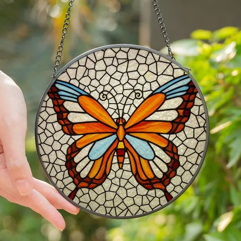 Butterfly Lovers' Intricate Tiffany Stained Glass Butterfly Mosaic Art, Light Blue Orange Brown Jewel Tones Stained Glass Suncatcher - 1