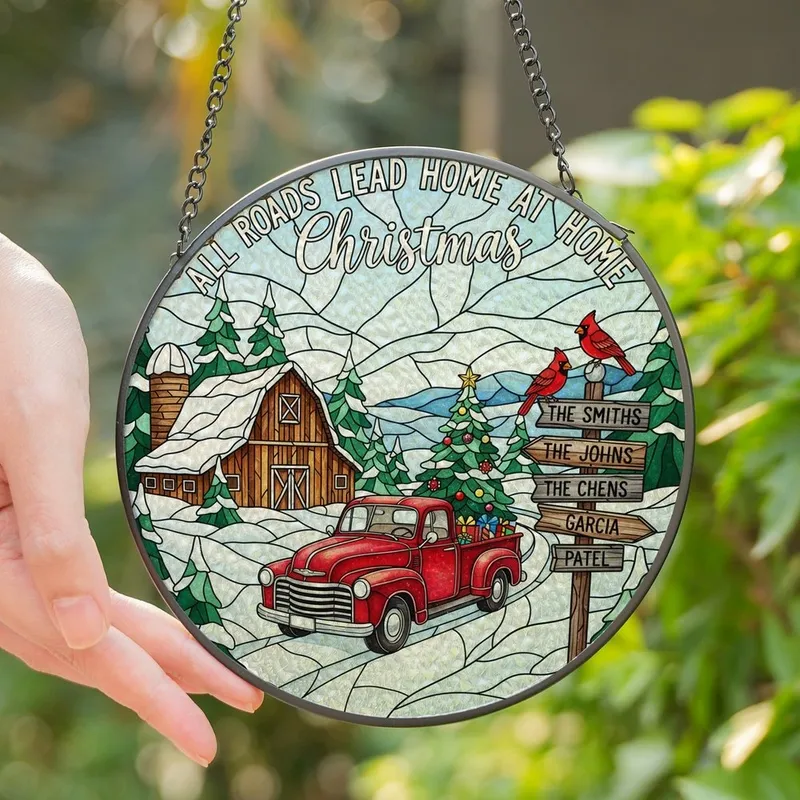 Christmas Enthusiasts' Tiffany Style Stained Glass Vintage Red Truck Winter Homecoming Scene Stained Glass Suncatcher - gHzKHcCPZY