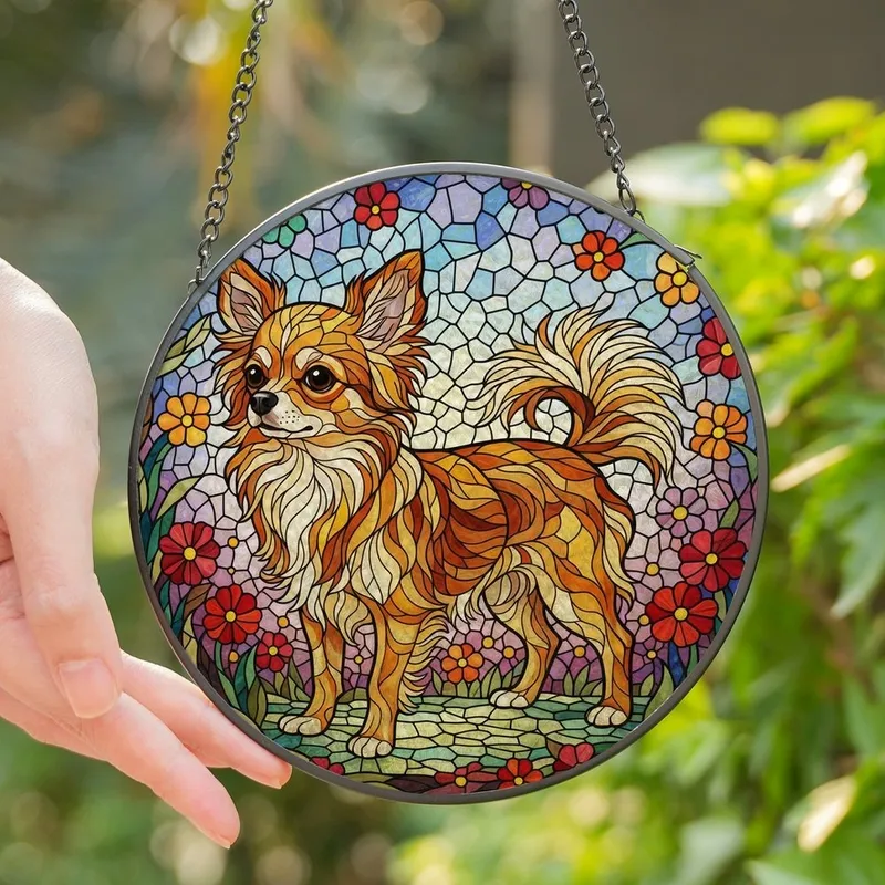 Chihuahua Lovers' Jewel Tone Stained Glass Long-Haired Chihuahua Floral Mosaic Pattern Stained Glass Suncatcher - 1