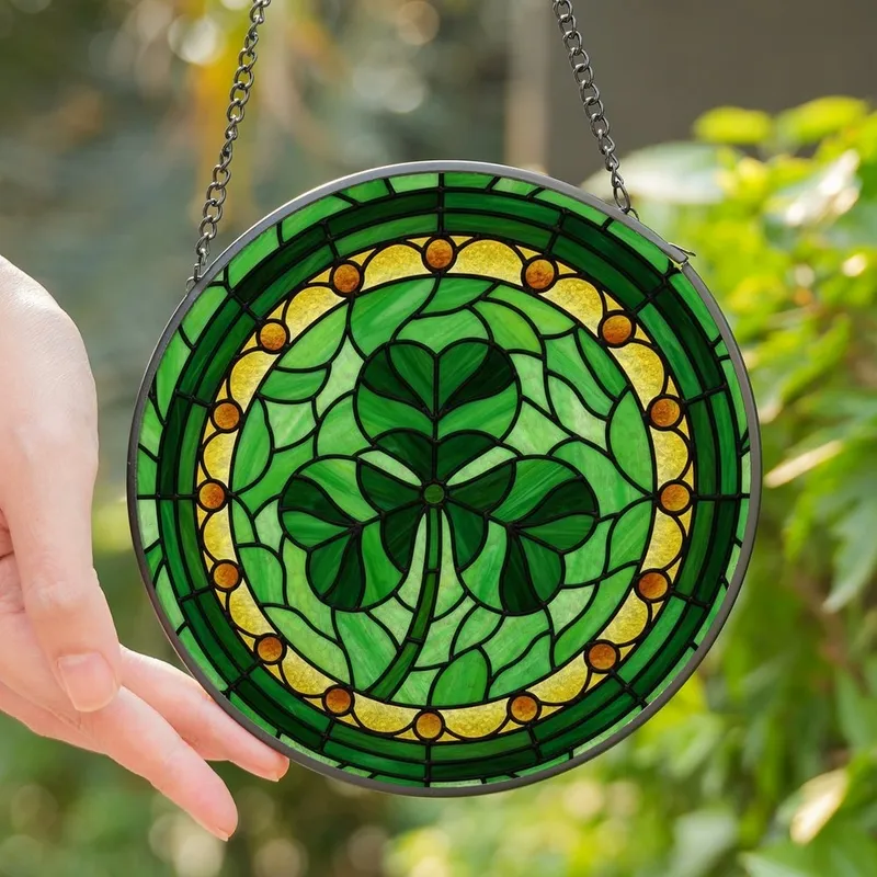 Stained Glass Art Lovers' Intricate Tiffany Shamrock Mosaic Emerald Green & Golden Yellow Design Stained Glass Suncatcher - 1