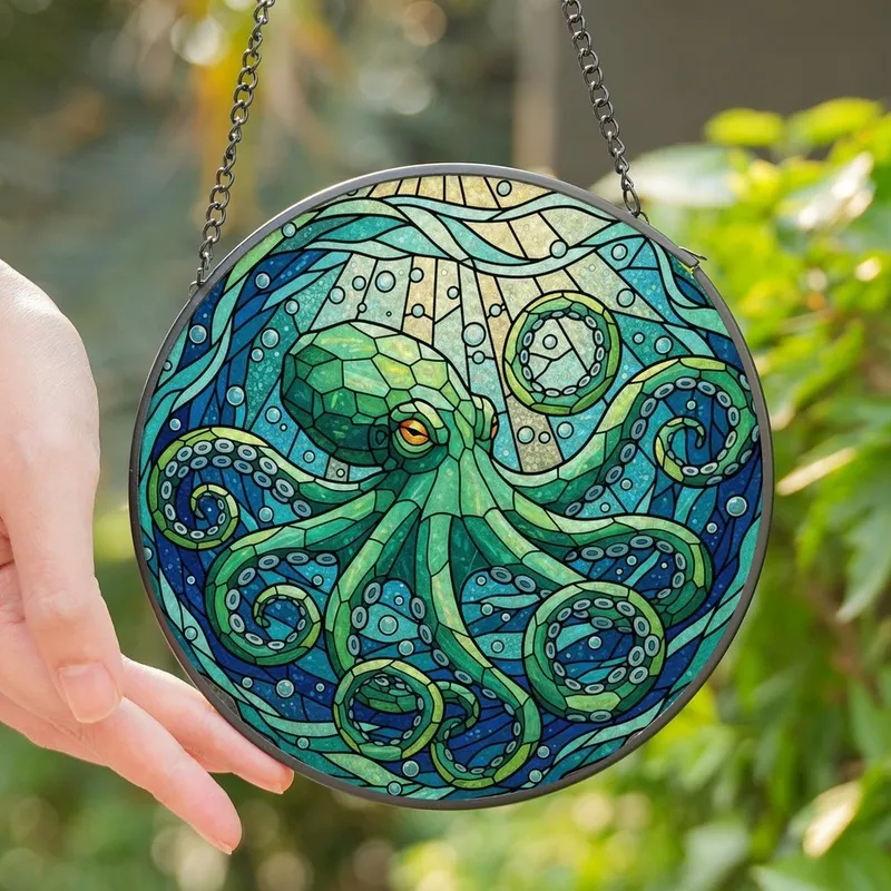 Ocean Lovers' Vibrant Stained Glass Octopus Geometric Marine Mosaic Emerald Teal Amber Stained Glass Suncatcher - 1