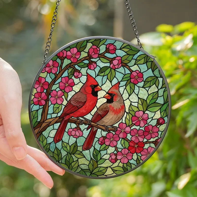 Nature Lovers' Vibrant Tiffany Stained Glass Cardinal Pair Blossoming Tree Art Stained Glass Suncatcher - TTI5Rooo48