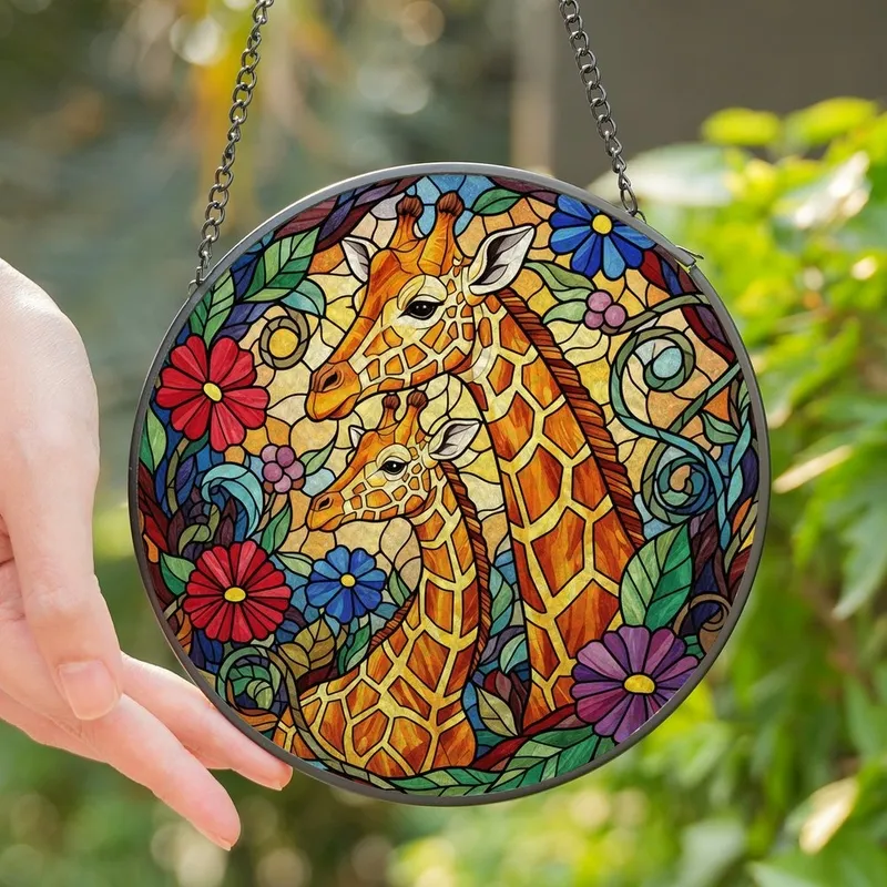 Nature Lovers' Tiffany Stained Glass Giraffe Mother & Calf Floral Botanical Mosaic Amber Gold Blue Purple Red Stained Glass Suncatcher - 1