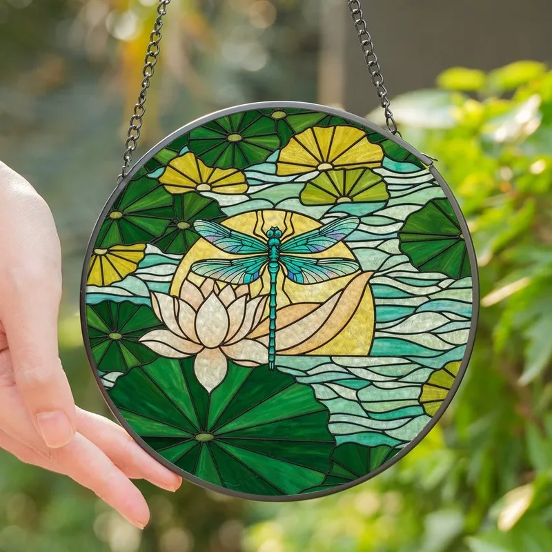 Art Lovers' Tiffany Stained Glass Teal Dragonfly Lotus Emerald Green Peach Mosaic Design Stained Glass Suncatcher - 1