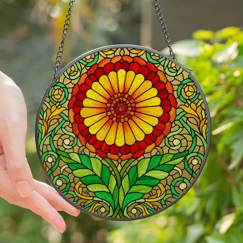 Art Lovers' Vibrant Stained Glass Tiffany Style Blooming Flower Botanical Mosaic Ruby Red Orange Green Stained Glass Suncatcher - 1