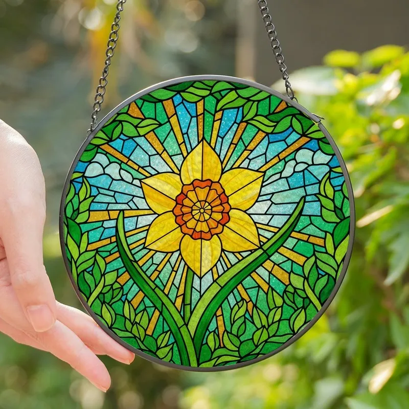 Nature Lovers' Intricate Stained Glass Daffodil Bloom Mosaic Spring Foliage Stained Glass Suncatcher - 1