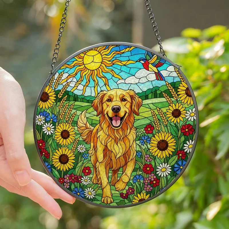 Golden Retriever Lovers' Joyful Golden Retriever Tiffany Stained Glass Wildflower Meadow Mosaic Art in Jewel Tones Stained Glass Suncatcher - 9k1W4pHE6N