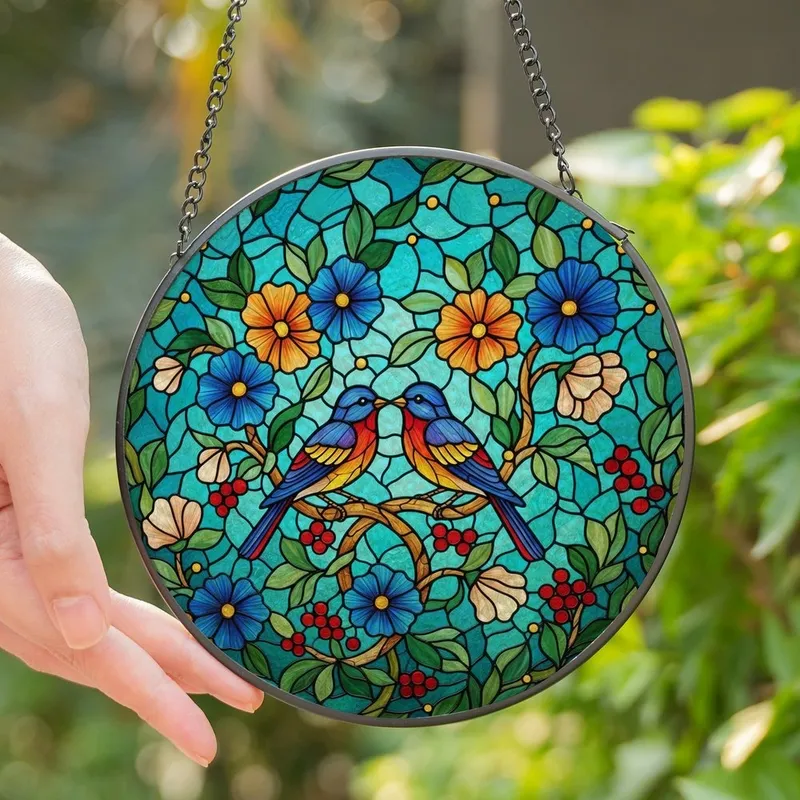 Nature Lovers' Vibrant Tiffany Stained Glass Songbirds & Floral Mosaic Art: Blue, Red, Green Jewel Tones Stained Glass Suncatcher - l52WsTJ-cg