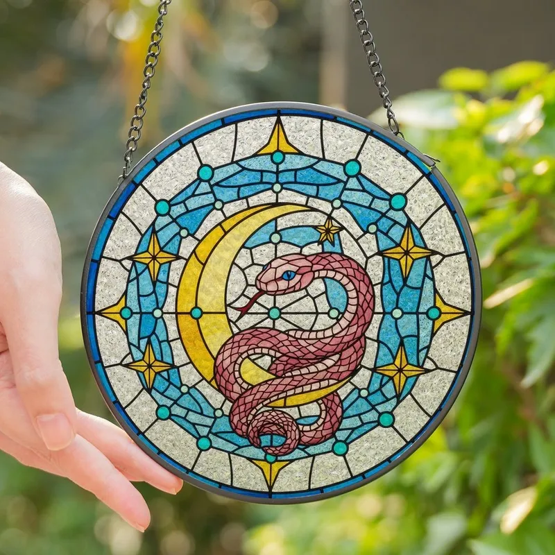 Celestial Style Seekers' Jewel Tone Stained Glass Pink Snake Golden Moon Teal Stars Celestial Art Stained Glass Suncatcher - 1