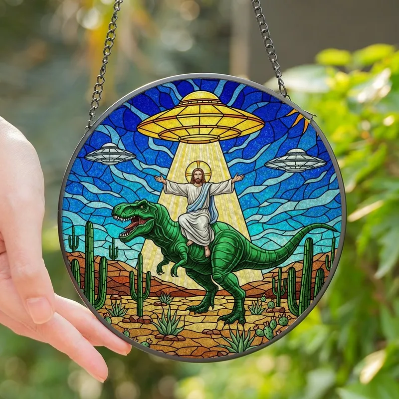 Eclectic Art Enthusiasts Vibrant Stained Glass Jesus T-Rex UFO Desert Mosaic With Blue Green Hues Stained Glass Suncatcher - nwHdH0Ziya