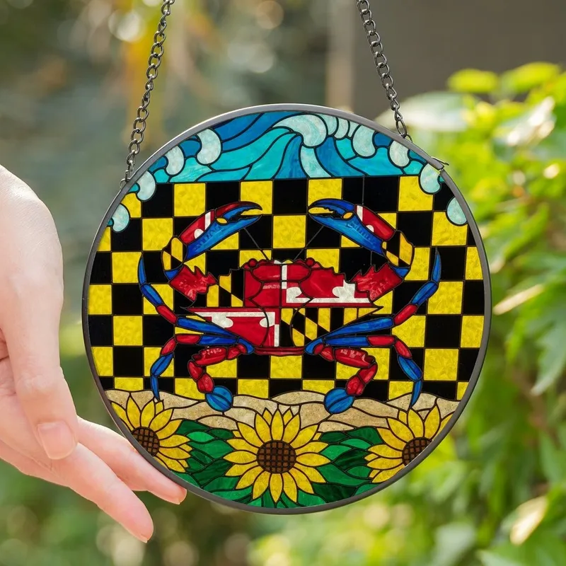 Maryland Coastal Art Fans' Vibrant Tiffany Stained Glass Blue Crab Maryland Flag Checkerboard Stained Glass Suncatcher - DOXOQcElYl
