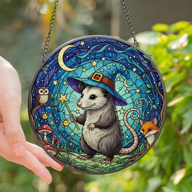 Fantasy Art Lovers' Whimsical Opossum Witch Hat Magic Wand Stained Glass Night Sky Jewel Tone Art Stained Glass Suncatcher - 1