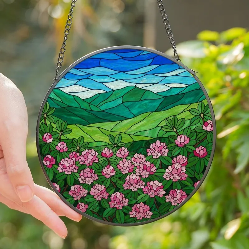 Art Lovers' Tiffany Stained Glass Pink Rhododendron & Verdant Mountains Blue Sky Pattern Stained Glass Suncatcher - 1