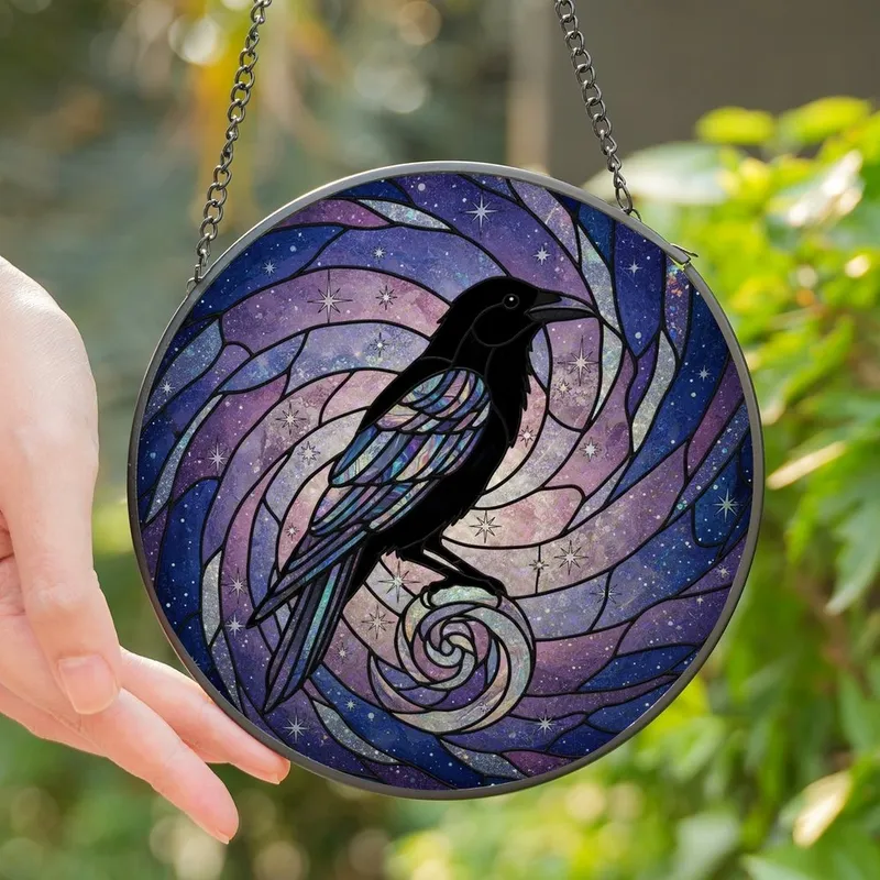 Mystic Art Lovers' Stained Glass Raven Galaxy Mosaic Iridescent Lavender Blue Pink Stained Glass Suncatcher - 1