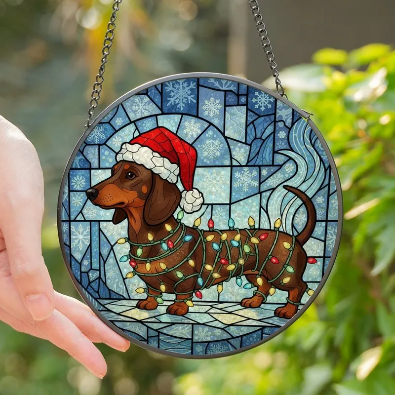Dachshund Lovers' Jewel Tone Stained Glass Christmas Dog Festive Mosaic Pattern Stained Glass Suncatcher - 1