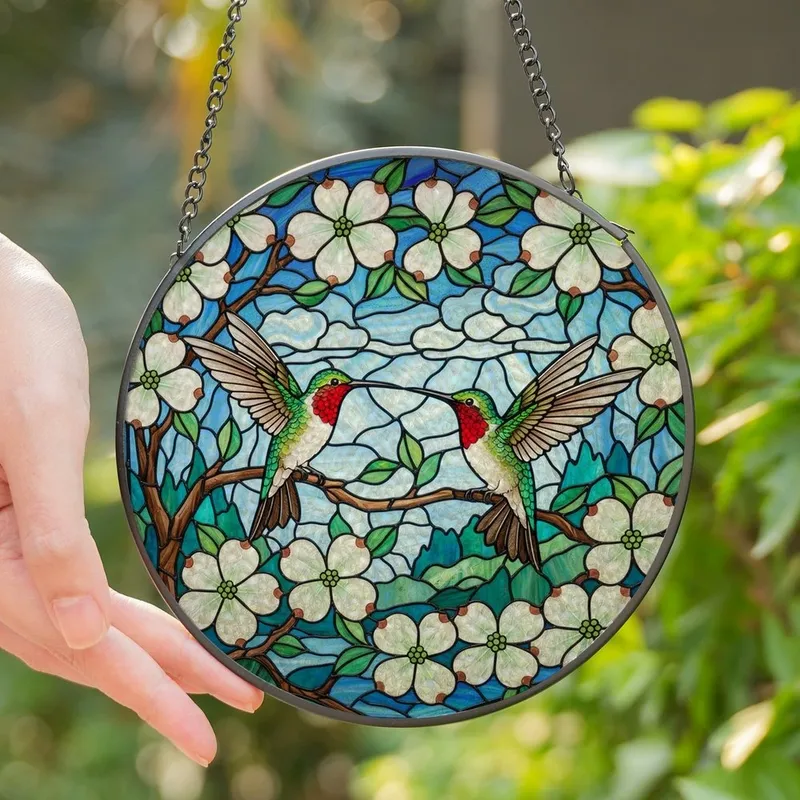 Nature Lovers' Vibrant Stained Glass Hummingbird Dogwood Tiffany Floral Design Stained Glass Suncatcher - 1