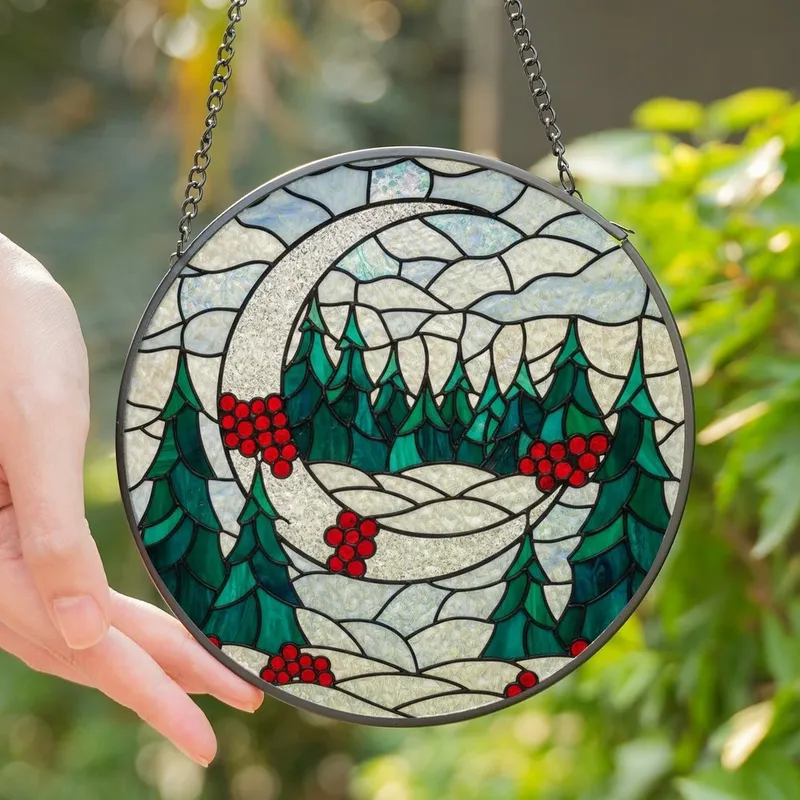 Art Enthusiasts' Stained Glass Winter Forest Crescent Moon, Tiffany Style Emerald Ruby Snowdrift, Iridescent Blue Sky Mosaic Stained Glass Suncatcher - KV5HisrtXy