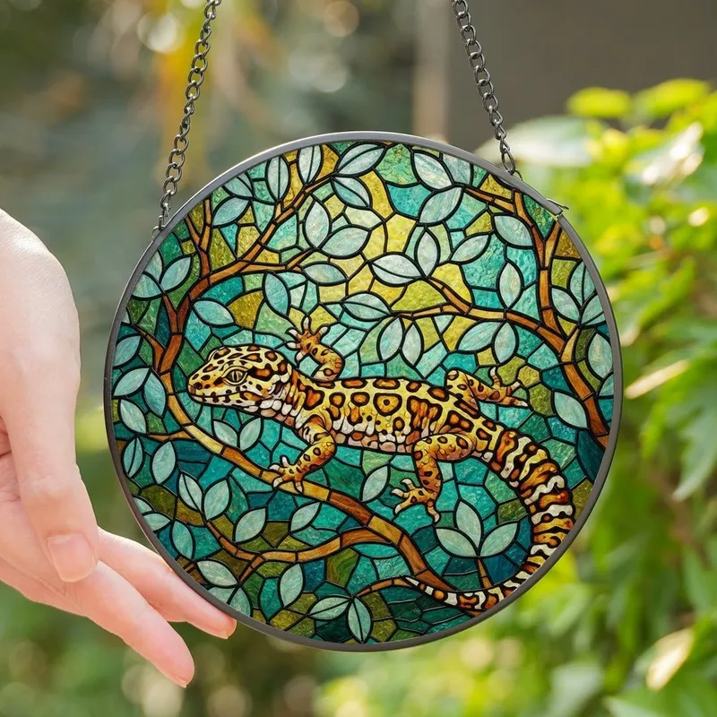 Reptile Enthusiasts' Vibrant Stained Glass Leopard Gecko Mosaic Yellow Orange Teal Dappled Light Stained Glass Suncatcher - 1