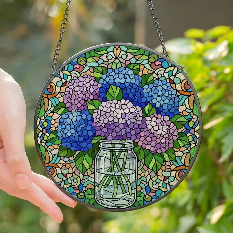Art Lovers' Tiffany Style Stained Glass Hydrangea Bouquet Sapphire Blue Lavender Amber Stained Glass Suncatcher - 8fxRMU3fkN
