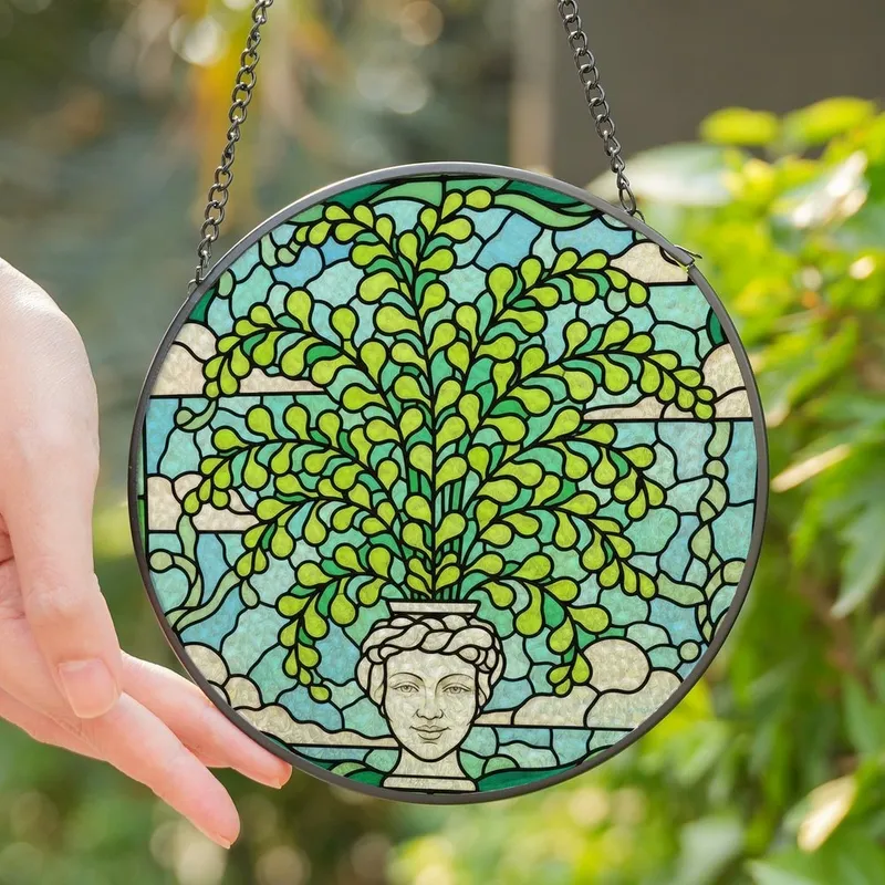 Art Lovers' Tiffany Stained Glass Maidenhair Fern Face Vase Botanical Mosaic Lime Emerald Sky Blue Aqua Stained Glass Suncatcher - 1