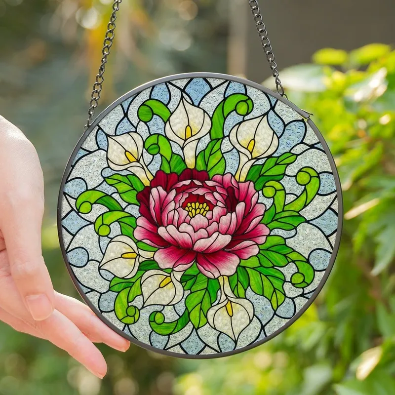 Art Lovers' Tiffany Style Stained Glass Peony Calla Lily Mosaic Crimson Blue Green Stained Glass Suncatcher - 1