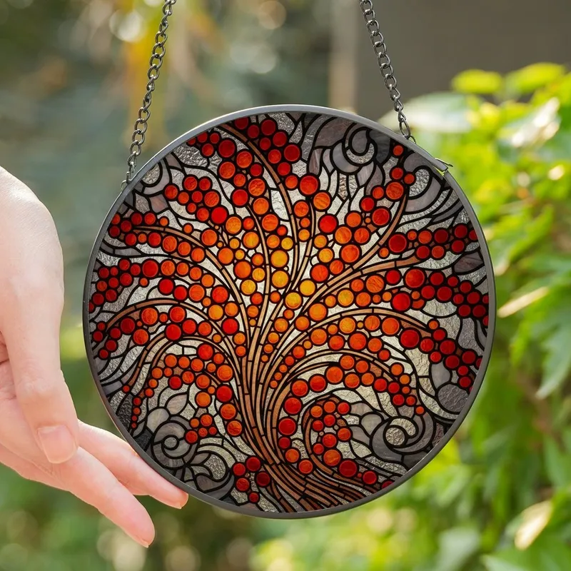 Art Lovers' Intricate Tiffany Stained Glass Glowing Botanical Berry Mosaic Amber Ruby Red Stained Glass Suncatcher - 1