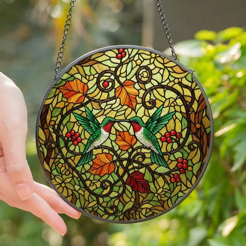 Nature Lovers' Tiffany Style Stained Glass Hummingbird Emerald Ruby Amber Fall Leaves Vine Mosaic Stained Glass Suncatcher - JOVGbl2WFa