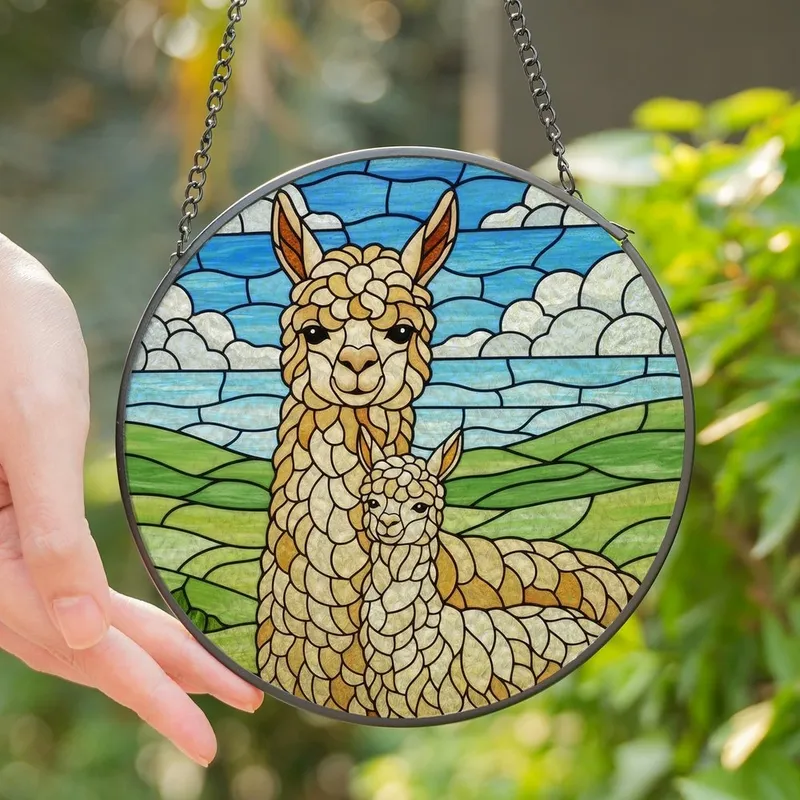 Llama Lovers' Vibrant Tiffany Stained Glass Llama Alpaca Embrace Intricate Jewel Tone Pastoral Design Stained Glass Suncatcher - 1
