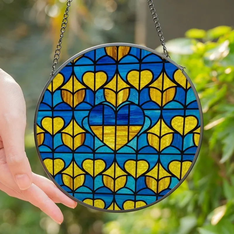Art Nouveau Fans' Intricate Stained Glass Heart Mosaic Cerulean Blue Golden Yellow Stained Glass Suncatcher - wVUKfN03-Z