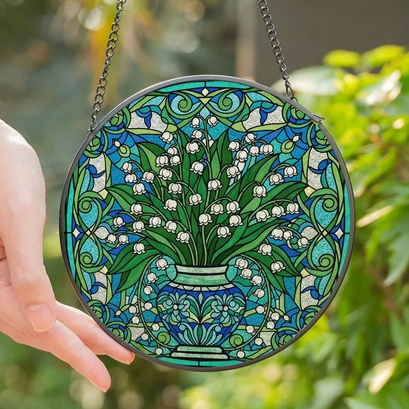 Art & Nature Lovers' Tiffany Stained Glass Lily of the Valley Floral Bouquet Vibrant Green Blue Jewel Tones Botanical Mosaic Stained Glass Suncatcher - 1