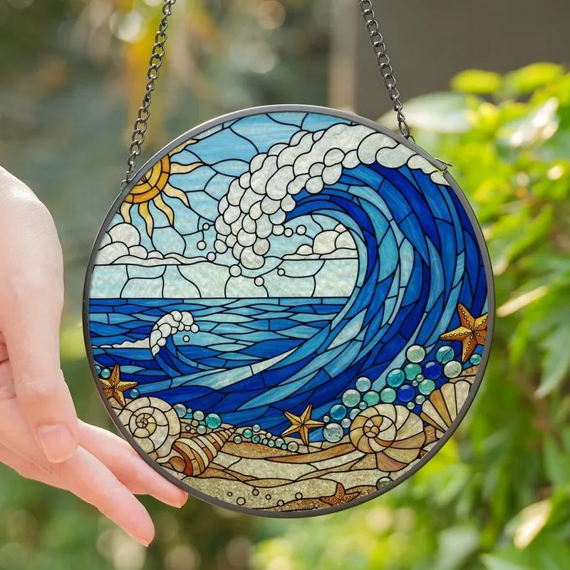 Ocean Lovers' Colorful Tiffany Stained Glass Wave, Seashell, Starfish & Beach Mosaic Stained Glass Suncatcher - MMFZBEjJ_n