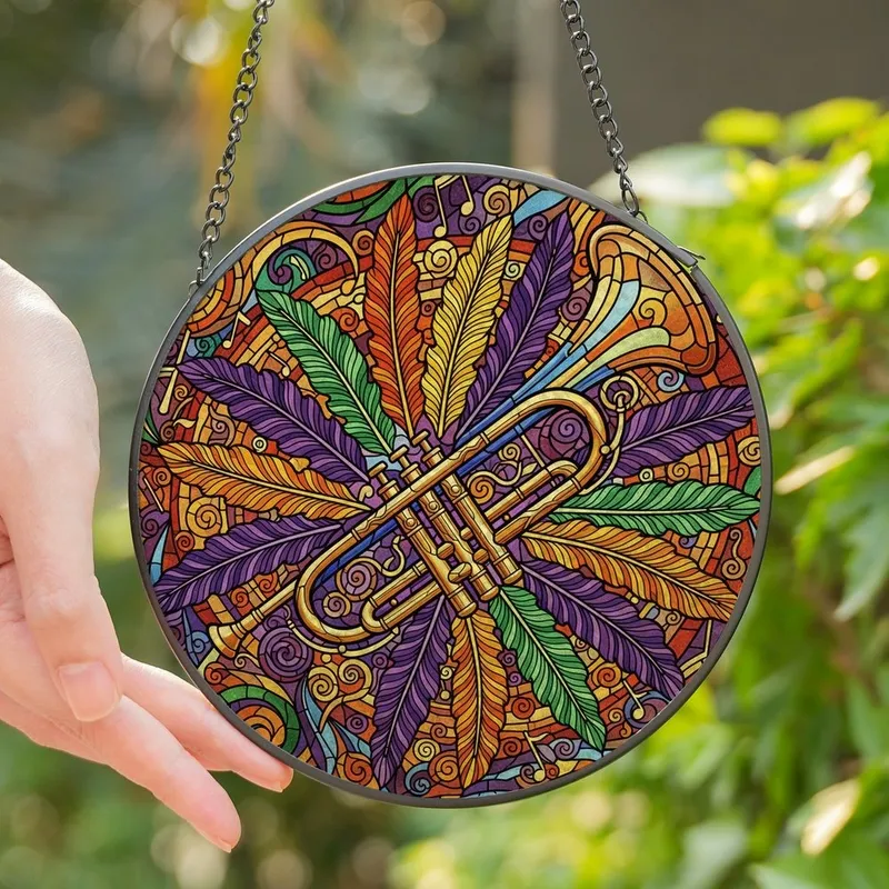 Music & Art Enthusiasts' Glowing Tiffany Style Trumpet & Feather Mosaic Pattern Stained Glass Suncatcher - 1
