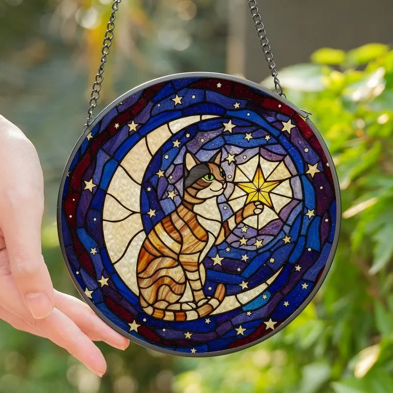 Cat Lovers' Tiffany Style Stained Glass Tabby Cat Crescent Moon Star Amber Jewel Tones Stained Glass Suncatcher - bO7Ki4tgiy