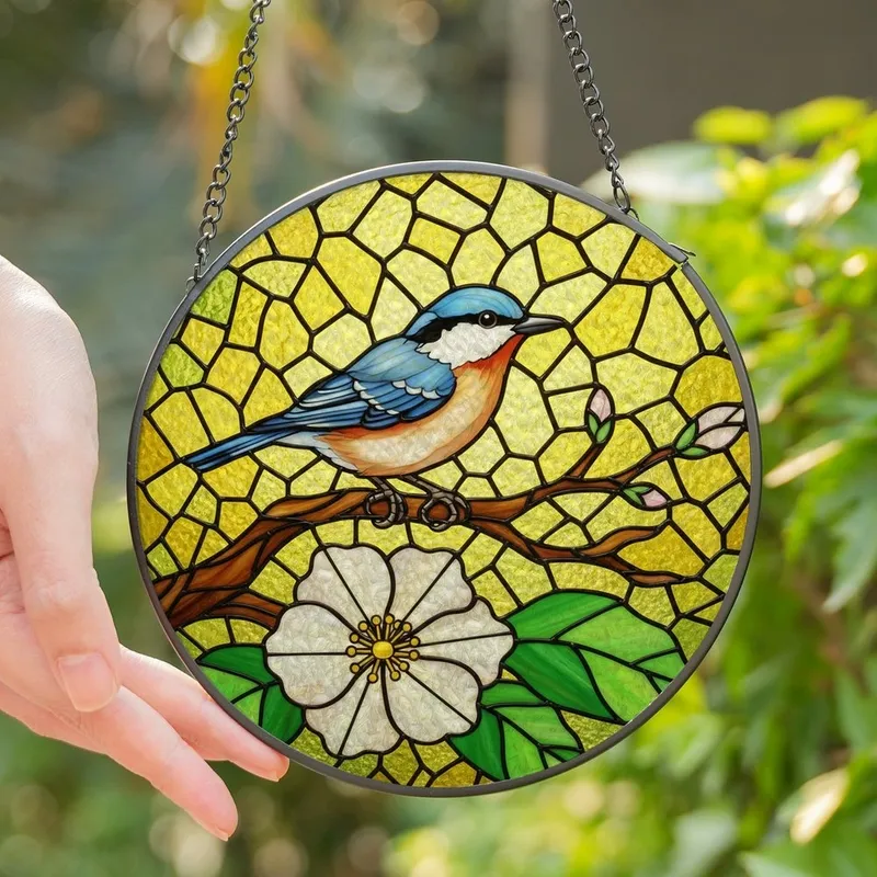 Nature Lovers' Glowing Stained Glass Blue Bird White Flower Golden Yellow Lime Green Mosaic Stained Glass Suncatcher - 1