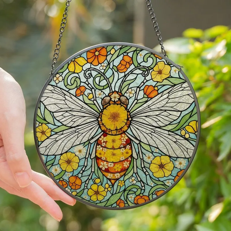 Art Lovers' Tiffany Stained Glass Bee, Pressed Flowers, Organic Mosaic, Jewel Tones, Bold Lead Lines Stained Glass Suncatcher - DXmKNr7QmS